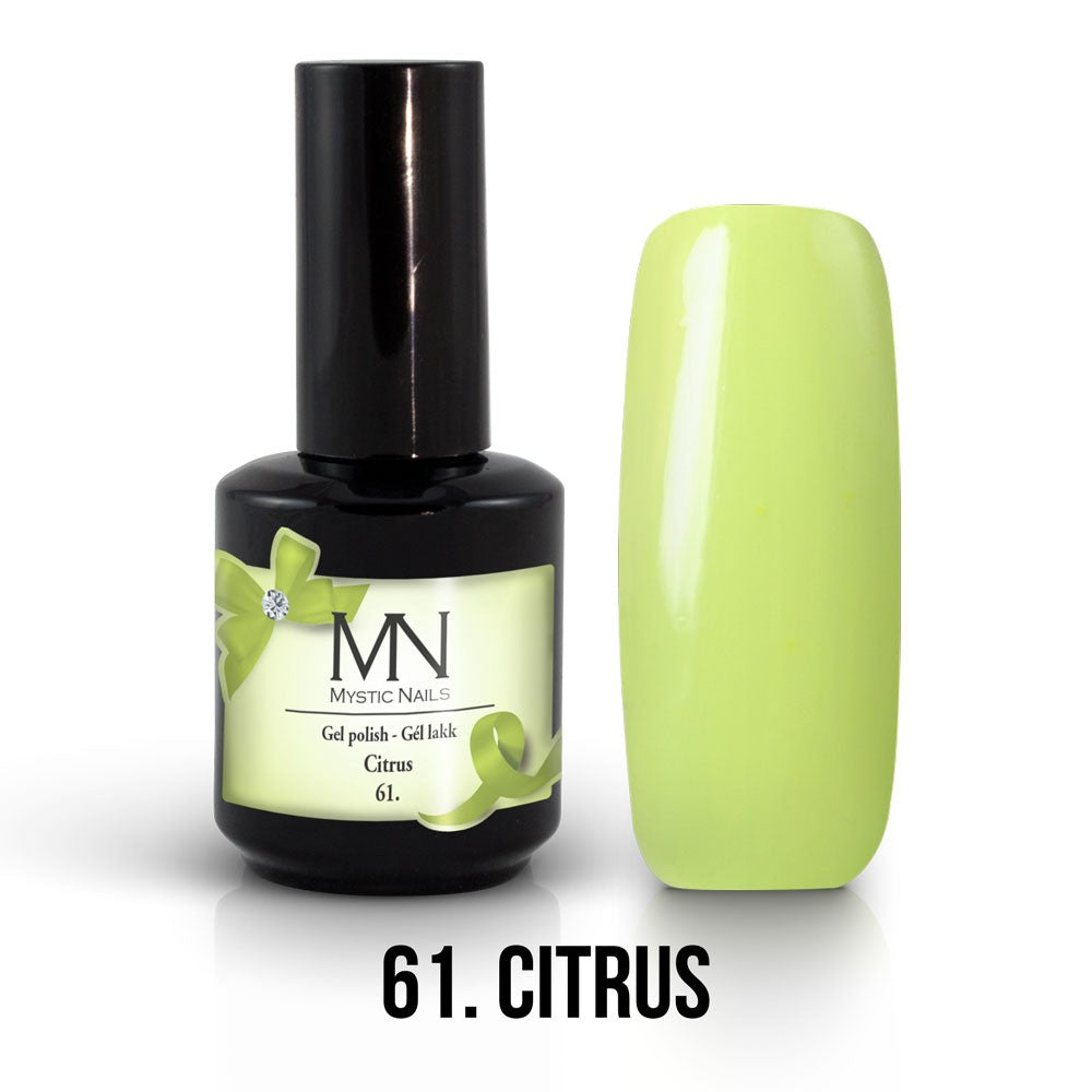 A bottle of Mystic Nails gel polish in color 061, which is a glossy green citrus shade, alongside a sample nail color swatch.