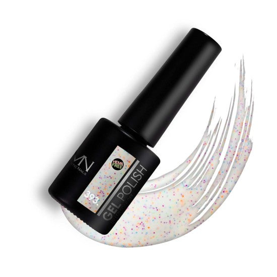 Mystic Nails 393 Gel gel polish bottle with a colorful glittery design on a white background