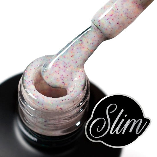 Close-up of a Mystic Nails 393 gel polish bottle with a colorful glittery top, brand 'Slim' visible.