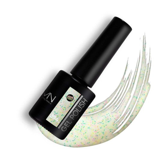 Mystic Nails gel polish 394 bottle with a glittery gel polish effect on a white background